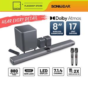 SonicGear StudioBar 6000 Dolby Atmos 7.1.4 Soundbar Speaker with Wireless Subwoofer Surround Home Theatre Wireless Mic