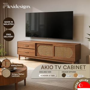 Flexidesignx AKIO TV Cabinet 6ft Rattan Sliding Door 2 Drawer TV Console Natural Walnut