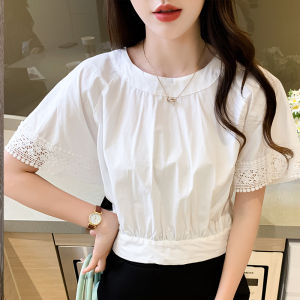 REHIN Short Sleeve Round Neck Shirt Back Lace up Hook Flower Hollow Design Women Blouse Summer New Tops