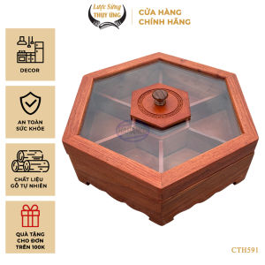 Khay Đựng Mứt Tết Bằng Gỗ Hương Nắp Kính Lục Giác Trong Suốt - CTH591