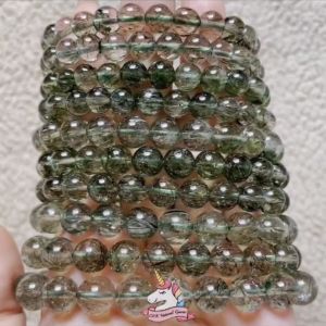Thạch Anh Tóc Xanh/ Green Rutilated Quartz/ 6-10mm/ Thạch anh thiên nhiên 100%/ Vòng đá phong thủy