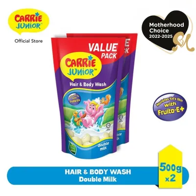 CARRIE JUNIOR Hair & Body Wash Pouch - Double Milk (500g x 2) [Twin Pack] Nourishing & Moisturising Skin | Kids Shower