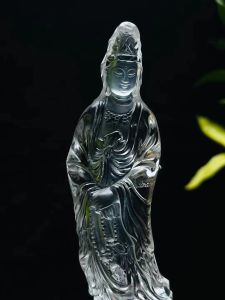 天然白水晶杨柳观音摆件 Natural white crystal Avalokitesvara ornaments crystal transparent beautiful posture carved Buddhist disciples must have artifact,Complimentary base
