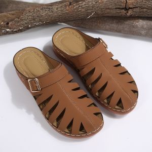 [Free Shipping] Baotou Wedge Heel Slippers For Women Featuring A Hollowed-Out Design Velcro Straps And A Casual Open-Back Style