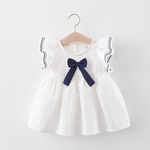 Sunday Kids Summer Korean Short Sleeves Cotton White Blue Dress For Kids Girl 1-4 Years Old Girls Dress Solid Color Bowknot Princess Party Christening Birthday Dress For Baby Girl