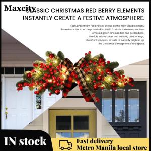 Xmas Door Swag with Berries and Ribbon Bows Christmas Artificial Swag for Christmas Holiday Home Window Wall Decor