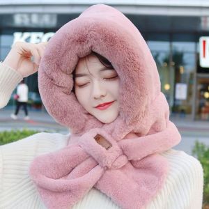 GOLFDIN Plush Integrated Cap Scarf Windproof Thickening Ear Protection Cap Winter Casual Beanie Hat Scarf for Women