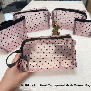 LP9U Heart Transparent Mesh Makeup Bag Black/Pink Portable Lipstick Organizer Bags  Multifunction Women Cosmetic Storage Pouch