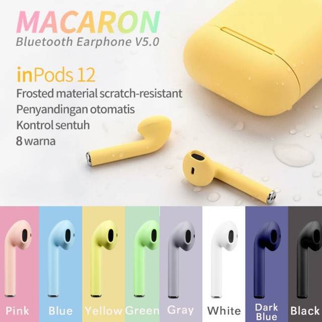Headset Bluetooth Inpods 12 Headset Earphone Bluetooth Warna Macaron  Earphone i12 TWS Super Bass