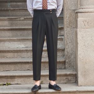 Casual Italian Retro High-Waisted Pants Mens Casual Straight-Leg Naples British Business Paris Button White Long Trousers