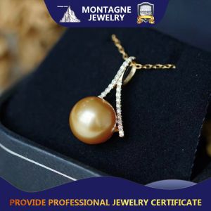 Montagne Jewelry 18K Pure Gold Pendant Natural Diamond Inset Design Fine Jewellery Natural Top Grade 9.5-10mm South Sea Pearl Pendant Necklace
