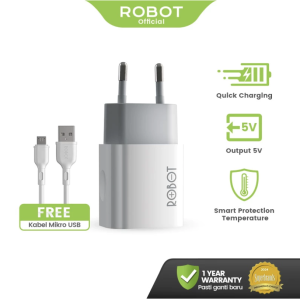 ROBOT Adaptor Charger HP Original Set Single Port Quick Charging Plus Kabel Micro USB Universal Untuk Smartphone Tablet Gadget Kepala Casan Awet Tahan Panas Ringkas Kecil Portabel RT-L1
