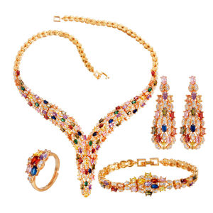 SEQUITO Fine Women 4Pcs Jewelry Full Inlay Multi Color AAA Shiny Zirconia Crystal Stone Yellow Gold Plated Banquet Party Necklace Bracelet Earrings Ring Sets SJ276