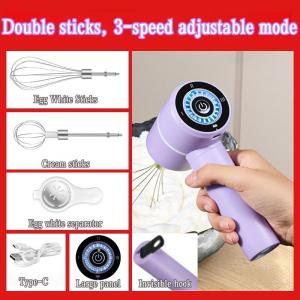 Electric Hand Mixer 3-Speed Cordless Egg Beater Cream Mixer for Baking & Kitchen Tool Light Purple Rechargeable Wireless Multi-functional