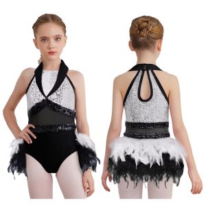 Teen Girls Sleeveless Sequin Sheer Mesh Feather Latin Jazz Dance Cha-cha Leotard Dress Ballet Tutu Samba Rumba Tango Dancewear2026