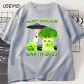 Funny Alien Brainrot Cat T-Shirt Broccoli Cat Printed Tshirt Cotton Short Sleeve Round Neck T Shirt Men's Clothes Streetwear. 