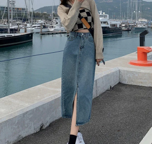 COCOEPPS Chân Váy Xẻ Phong Cách Mới Mùa Hè 2022 Chân Váy Denim Cạp Cao Dáng Chữ A Dài Vừa Phải Cho Nữ GG