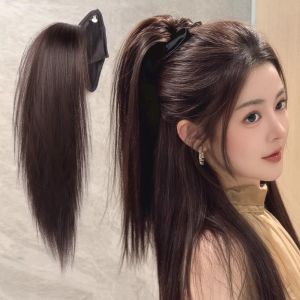 JON09 Synthetic Shell Claw Clip Ponytail Wig with Grab Clip Elegant Bowknot Pony Tail Hair Piece Heat Resistant Fluffy Long Wavy Layered Ponytail for Women