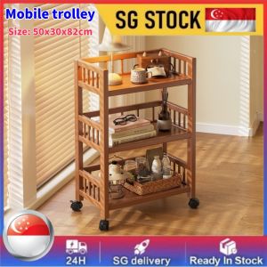 Bamboo Trolley Rack / Kitchen Shelf Movable Storage Cart Organizer Organization Tray with 360 Degrees Flexible Wheels and Handle
