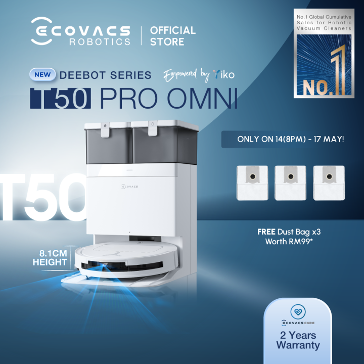 [2025 NEW] ECOVACS DEEBOT T50 Pro OMNI AI Robot Vacuum | 15000 PA | AIVI 3D 3.0 | TruEdge™ 2.0 | ZeroTangle™ 2.0 | All-in-one OMNI Station | 9mm Auto Mop-Lifting | YIKO GPT | APP Control [2 Years Warranty]