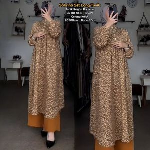 Swan Set Long Tunik  - One Set Wanita Long Tunik Ceruty Babydoll Premium Setelan Wanita Kekinian Ruffle Lengan Panjang Celana Kulot Andalusia Royal Tunik  LD 110 cm