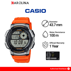 Jam Tangan Pria Casio AE-1000W-4B Iluminator Digital Black Dial Orange Resin Band