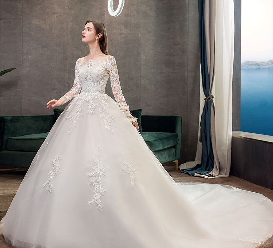 Vintage Modest Lace Wedding Dress Long Sleeve O Neck Princess Long