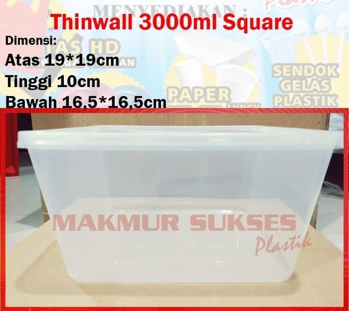 Thinwall Square Ecer 3000 Ml Kotak Makan Persegi Plastik Bening Tahan