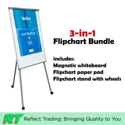 3-in-1 Flip Chart Stand with Adjustable Height Stand with Castor Wheels Magnetic Whiteboard and Paper Pad (50 sheets)