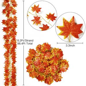 TONG 12PCS Autumn Yellow Artificial Fall Leaves Vines 8.2FT Length Silk Leaves Simulated Leaf Garland Elegant Photo Props Decorative Leaf Vines Thanksgiving Decor