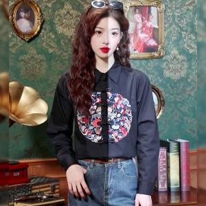 Ammin 2024 áo cánh tay dài nhồi lông cúc cổ điển Trung Quốc mùa xuân áo Áo Blouse thanh lịch Trung Quốc thêu hoa Định vị thời trang cho nữ