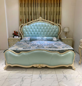 GIƯỜNG NGỦ TÂN CỔ ĐIỂN DÁT VÀNG NHẬP KHẨU DA XANH D501