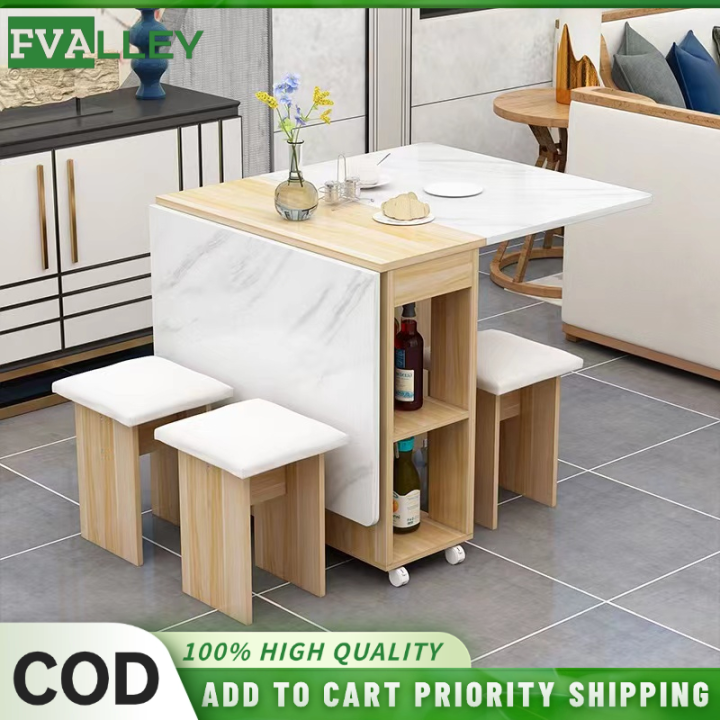 FVALLEY Marble Foldable Dining Table Stools Space Saving Dining Table  Folding Table Chairs Lazada PH
