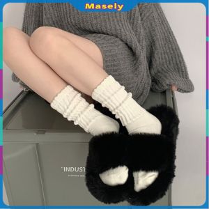 Masely Women Sock Japanese Style Retro Thick Thread Solid Color Middle Tube Socks