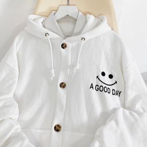Áo Khoác Cardigan A GOOD DAY Có Nón 2 Lớp Nam Nữ Cặp Đôi - FREESHIP - Bomber Nỉ Len Màu Trắng