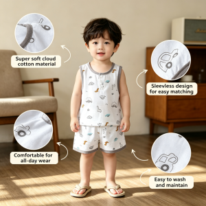 AILEBE Kids Sets Cloud Cotton Sando Shorts Terno Soft Breathable Lightweight Summer Set Cute Print Simple Casual Sleeveless Vest Shorts Comfy Pambahay OOTD For Boys Girls 0-3 Y