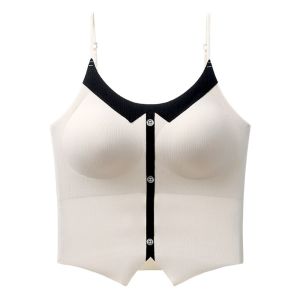 VCH With Chest Cushion Ice Silk Camisole Non Trace Imitation Button Pattern Ice Silk Corset French Style Tanks Suspender Vest Spring Summer