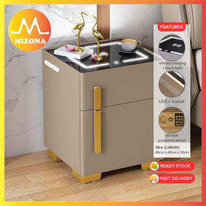 MIZONA Smart Bedside Table Wireless Charging Bedroom LED Light WIth Safety Box Household Lock Small Storage Cabinet Drawer Furniture Meja Sisi Lampu LED Kotak Keselamatan