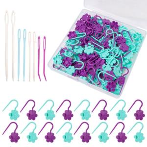 100Pcs Flower Crochet Stitching Markers Clip with Big Eye Sewing Needle Bent Tip Needle Knitting Markers for Crocheting
