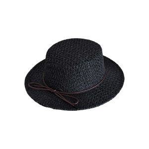 RUUANY Sun Protection Straw Boater Hat With Bow Breathable Mesh Flat Top Beach Hat Hollow Weave Sunshade Wide Brimmed Handwoven Sun Cap Beach Vacation