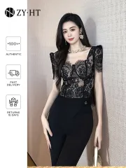 ZYHT 2023 Summer New EraVogue Women's Korean Black Modern Filipiniana Lace  One Step Dress Short Puff Sleeves V-neck Slim High Waist Wedding Formal  Party Evening Bridesmaid Fashion Sexy Graduation Birthday Prom Tight