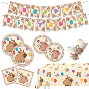 Capybara Themed Biodegradable Paper Cups Dish And Banners Flags For Kids Birthday Parties Family Gatherings