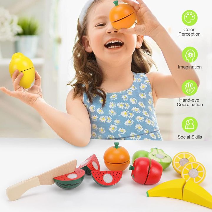 Cutting Fruit Toys for Toddlers, Wooden Play Food for Kids, Pretend Play  Food with Wooden Tray and Knife, Kitchen Toys for Birthday Gift,  Educational