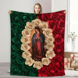 Our Lady And Floral Pattern Soft Flannel Blanket Religion Mary Soft Cover Flannel Throw Blanket Lightweight Warm Blanket For Bedroom King Full Size
