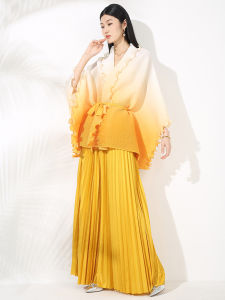 Pleated Elegant Outfit Loose plus Size Gradient Lace-up Short Coat and High Waist Long Skirt Two-Piece Set # 20252023