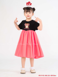 Váy Bé Gái Riomio Thân Trên Cotton Thân Dưới Vải Thô Thiết Kế Eo V Nhẹ Nhàng In Hình Cute Hồng Tím Đen Size 2/3–8/9 (15–30kg) RV1115