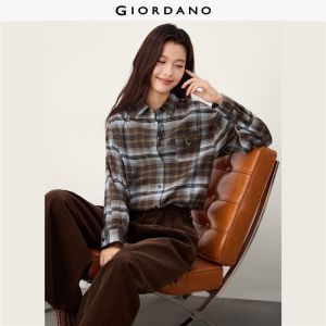 GIORDANO Women Shirts 100% Cotto Flannel Checked Shirts Button Single Pocket Simple Fashion Casual Loose Shirts 05345876