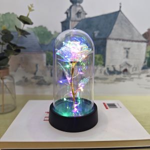 LED Glowing Rose Artificial Flower Gold Foil Rose Glass Cover Eternal Fake Flower Gift Box Christmas Anniversary Birthday Valentines Day Creative Gift