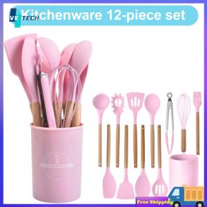 [Vktech] 12Pcs Kitchen Utensil Set Cooking Tools Kit Wooden Handle Non-Stick Spatula Set Spatula Spoon Brush Whisk for Kitchen