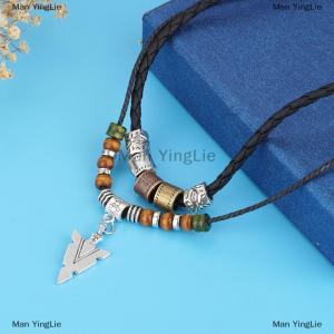 [COD] Man YingLie Stacked Artificial Leather Rope Beaded Necklace Men Vintage Layered Tribal Arrow Pendant Necklace For Men Jewelry Collar Chain